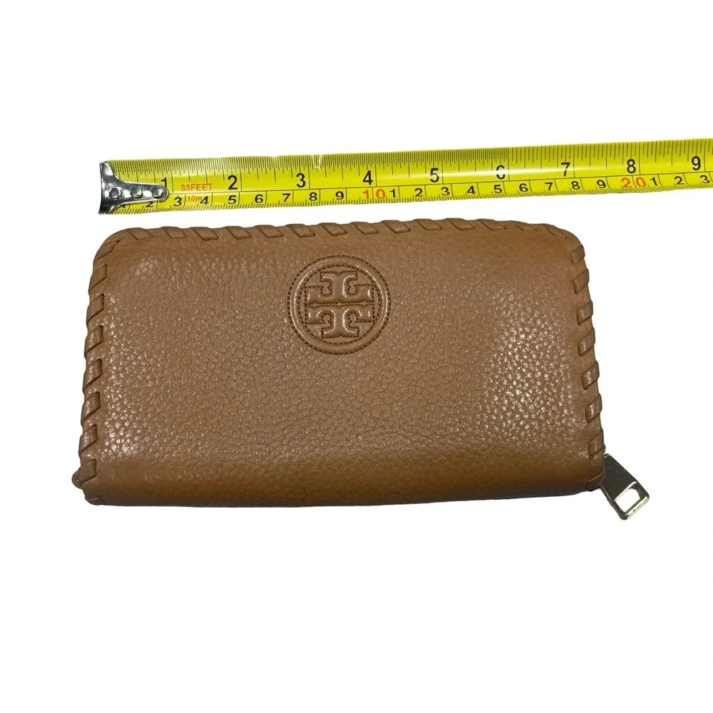 Tory Burch Marion Zip Continental Wallet Tan Pebbled Leather Whipstitch Logo - Picture 4 of 8